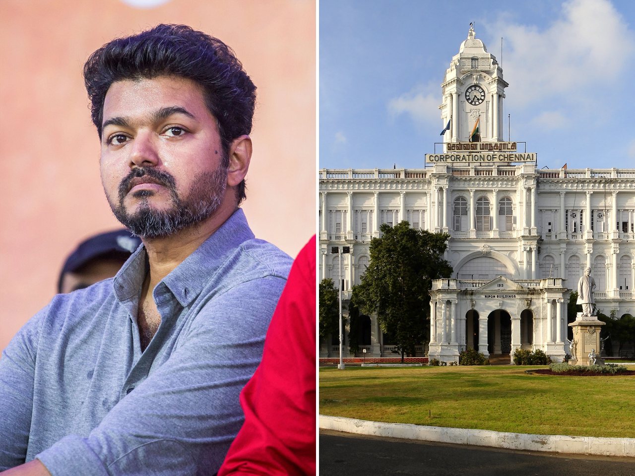 Tamil Nadu Chief Minister C Joseph Vijay and the Ripon Building in Chennai (file photo)