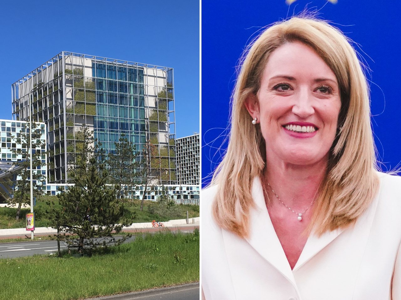 The International Criminal Court in The Hague and European Parliament President Roberta Metsola (file photos)