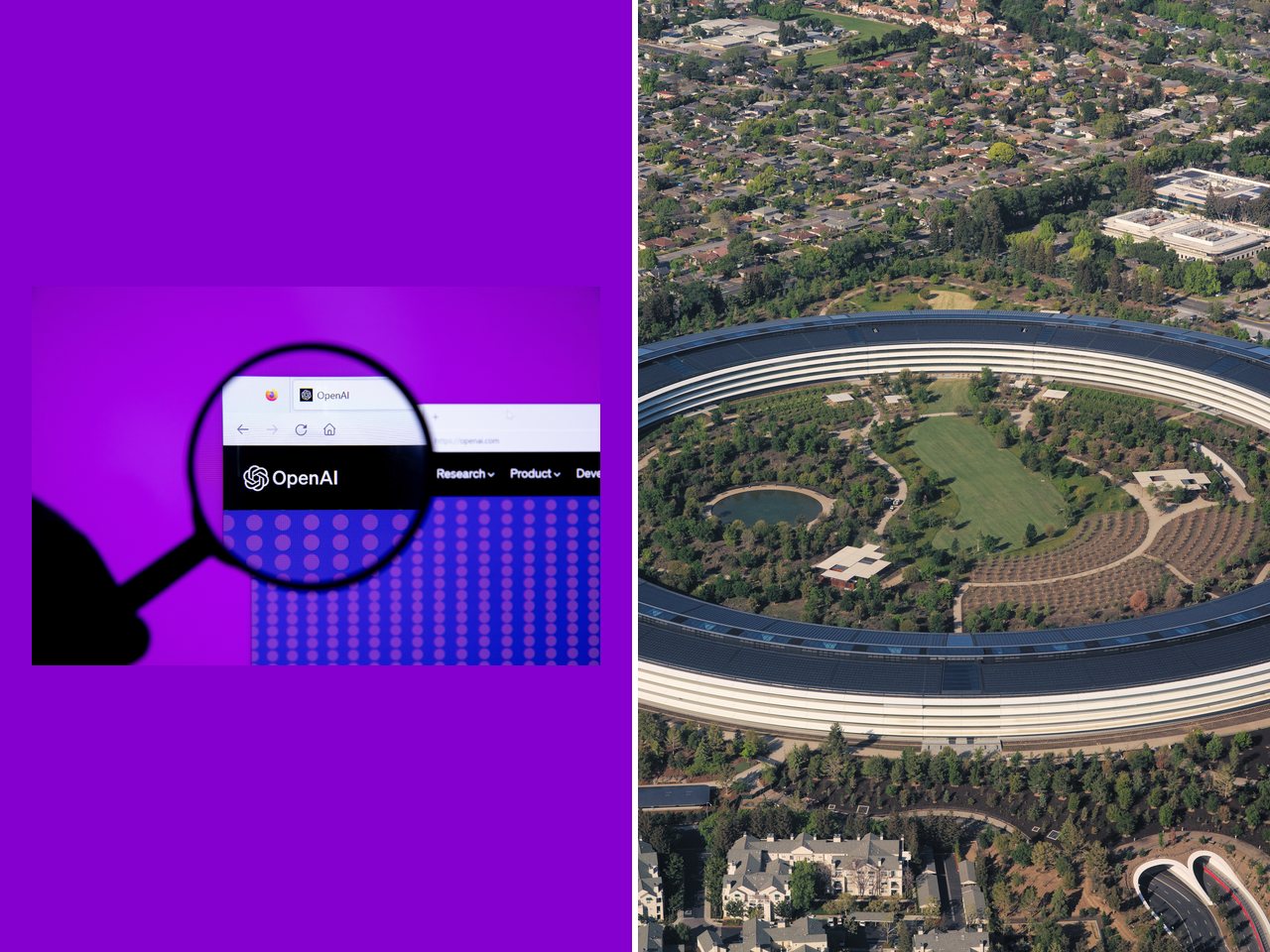 OpenAI logo and Apple Park headquarters, Cupertino (file photos)