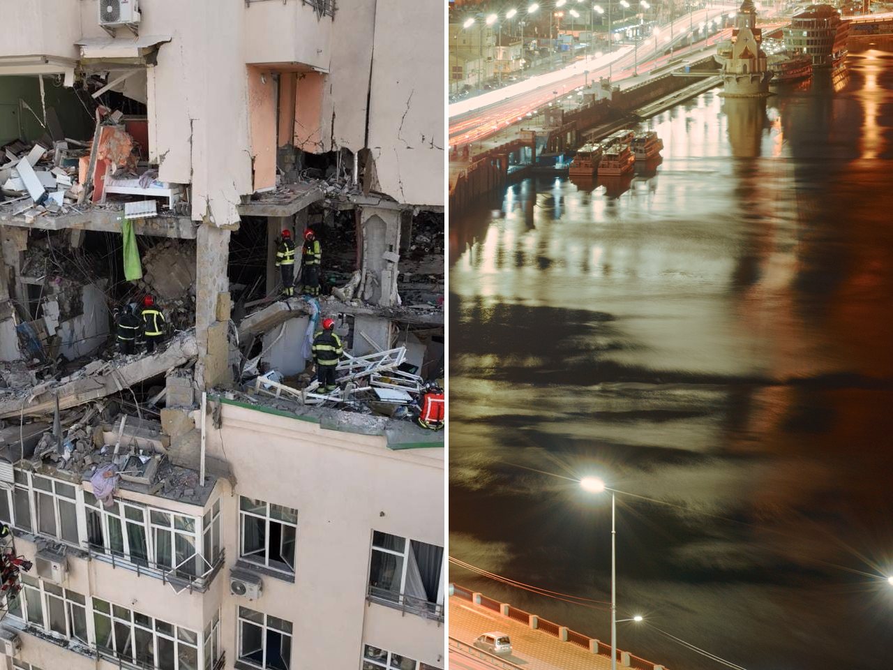 A Kyiv apartment block damaged in a missile strike, and the city at night (file photo)