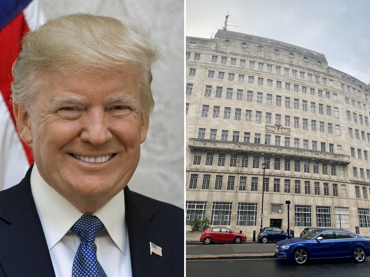 US President Donald Trump and the BBC's Broadcasting House in London (file photos)
