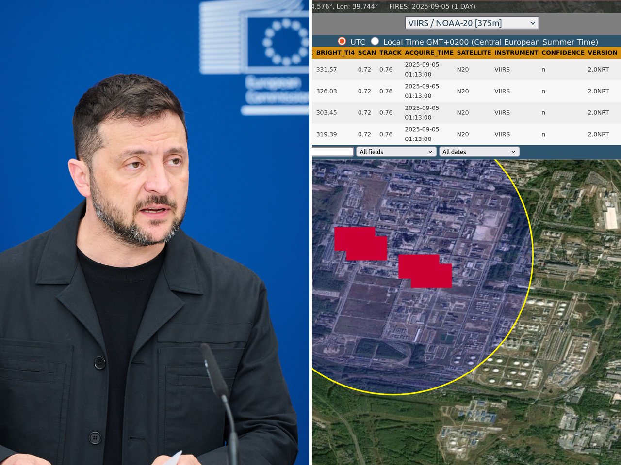 Ukrainian President Volodymyr Zelenskyy and Ryazan oil refinery (file photos)
